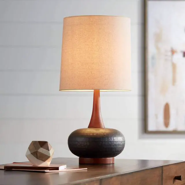 Main image of Andi Mid Century Modern Table Lamp 24.5" High Hammered Bronze Ceramic Wood Off White Tall Drum Shade for Living Room Bedroom House Bedside Nightstand Home Office (Color May Vary)