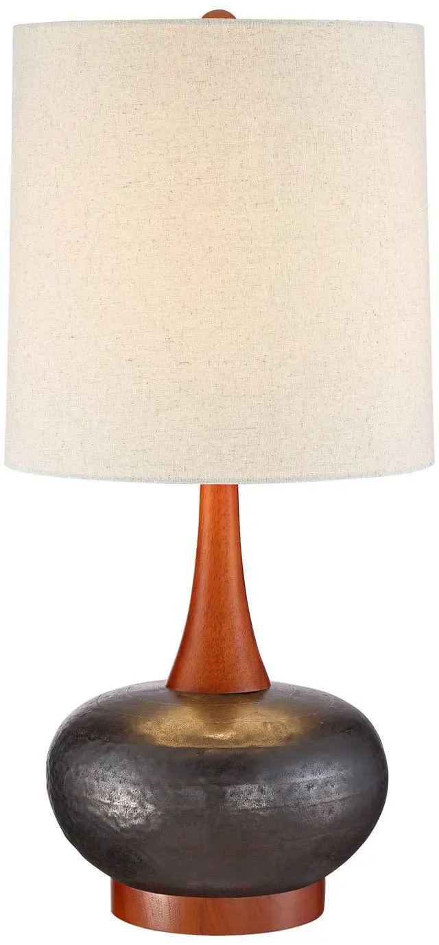 Alt view image 2 of 6 - Andi Mid Century Modern Table Lamp 24.5" High Hammered Bronze Ceramic Wood Off White Tall Drum Shade for Living Room Bedroom House Bedside Nightstand Home Office (Color May Vary)