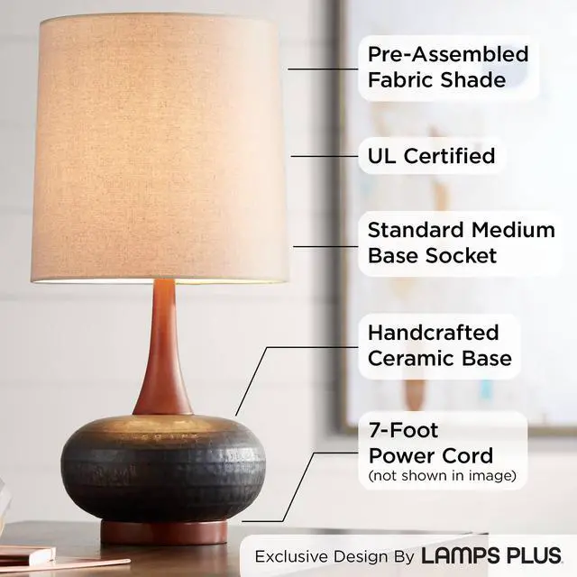 Alt view image 3 of 6 - Andi Mid Century Modern Table Lamp 24.5" High Hammered Bronze Ceramic Wood Off White Tall Drum Shade for Living Room Bedroom House Bedside Nightstand Home Office (Color May Vary)