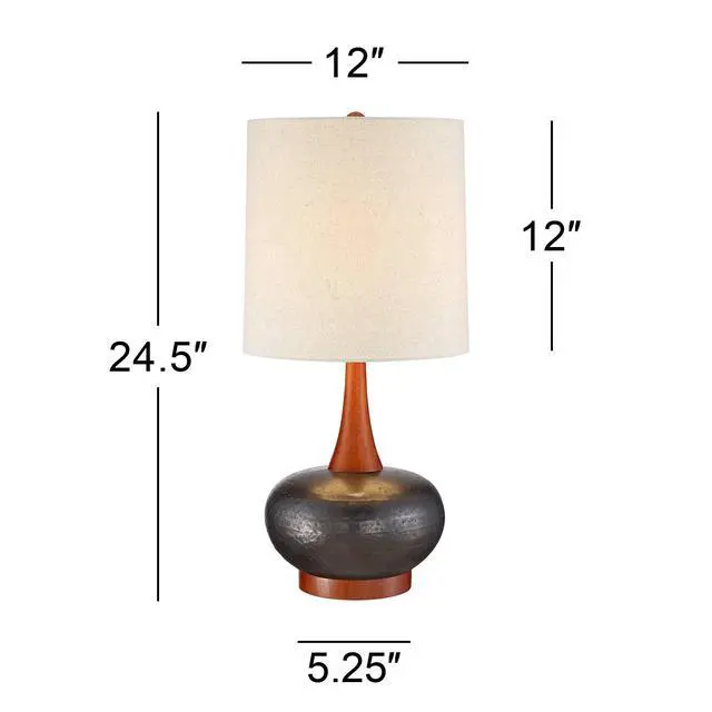 Alt view image 4 of 6 - Andi Mid Century Modern Table Lamp 24.5" High Hammered Bronze Ceramic Wood Off White Tall Drum Shade for Living Room Bedroom House Bedside Nightstand Home Office (Color May Vary)