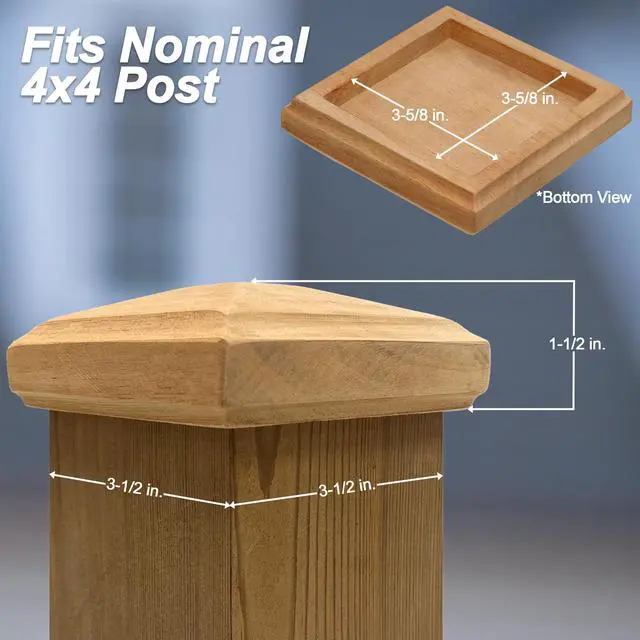 Alt view image 3 of 6 - 3.5" x 3.5" Wood ONE-Piece Slip Over Post Cap - Traditional Pyramid - 12 Pack - One-Piece Miterless - 3/8" Extended Lip - (for 4x4 Post Measuring 3-1/2" x 3-1/2")