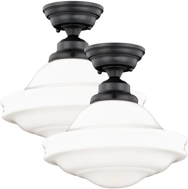Main image of 2-Pack Huntley 12 Inch Schoolhouse Semi Flush Light, Oil Rubbed Bronze Finish, White Milk Glass, Dimmable Ceiling Mounted Lighting