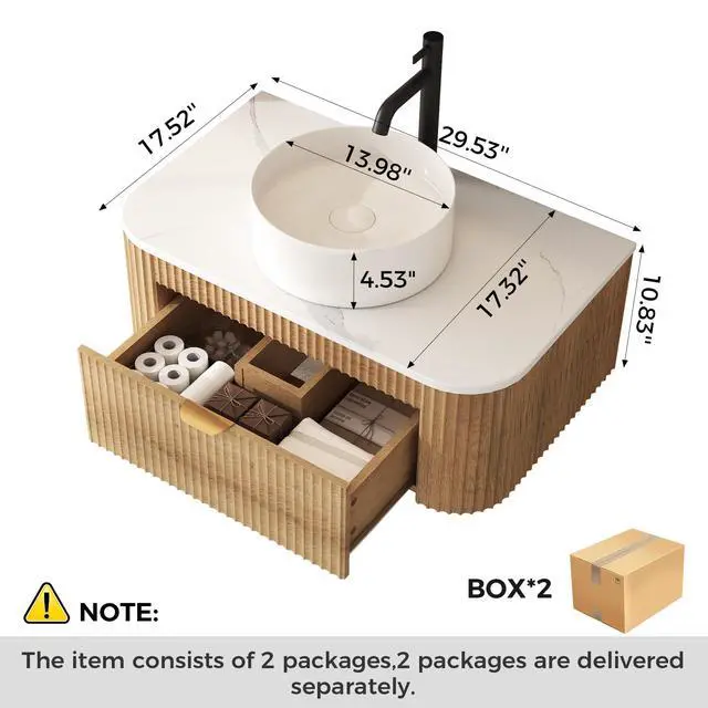Alt view image 2 of 6 - 30 Inch Floating Bathroom Vanity with Sink Combo, Wall Mounted Vanity with Marble Look Wooden Countertop & Ceramic Sink, Modern Fluted Cabinet with Storage Drawer, Natural Wood Grain
