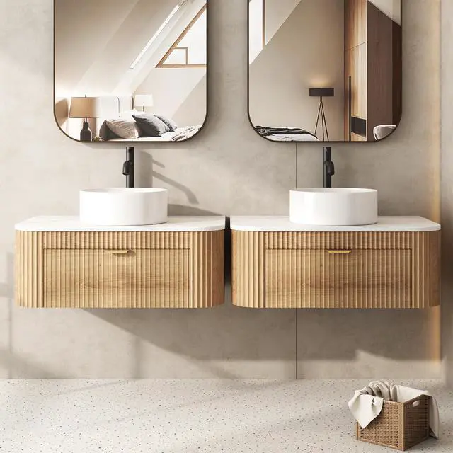 Alt view image 4 of 6 - 30 Inch Floating Bathroom Vanity with Sink Combo, Wall Mounted Vanity with Marble Look Wooden Countertop & Ceramic Sink, Modern Fluted Cabinet with Storage Drawer, Natural Wood Grain