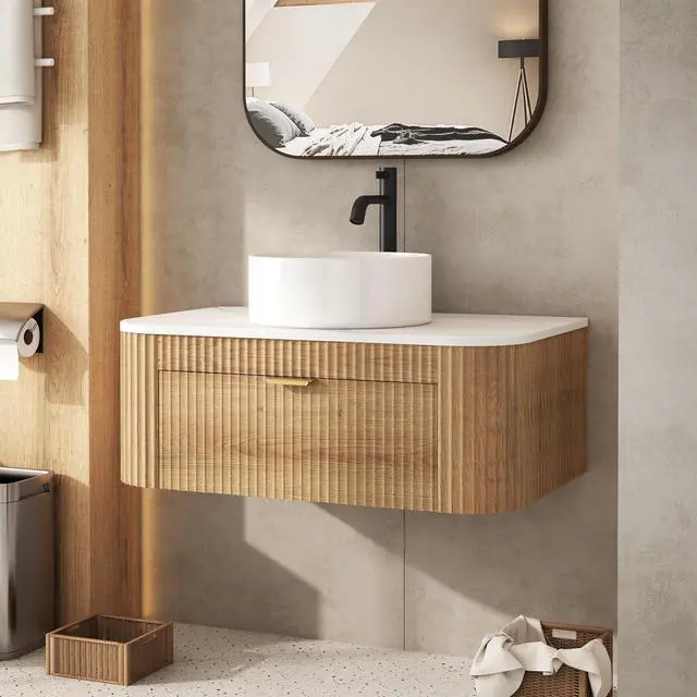Alt view image 5 of 6 - 30 Inch Floating Bathroom Vanity with Sink Combo, Wall Mounted Vanity with Marble Look Wooden Countertop & Ceramic Sink, Modern Fluted Cabinet with Storage Drawer, Natural Wood Grain