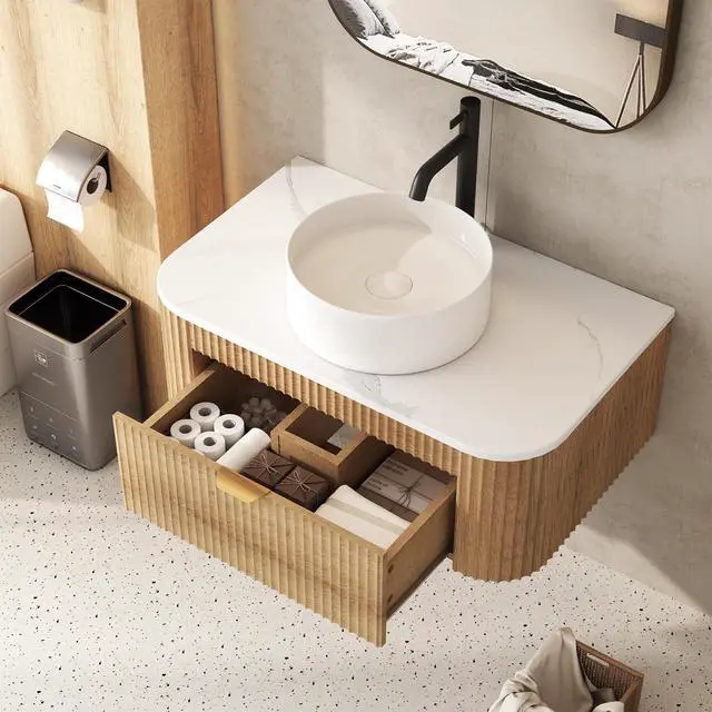 Alt view image 6 of 6 - 30 Inch Floating Bathroom Vanity with Sink Combo, Wall Mounted Vanity with Marble Look Wooden Countertop & Ceramic Sink, Modern Fluted Cabinet with Storage Drawer, Natural Wood Grain