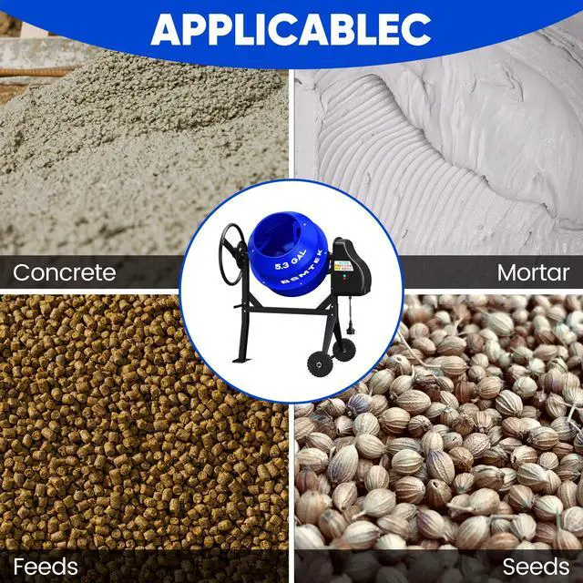 Alt view image 6 of 6 - Cement Mixer 5.3 Cu.Ft. Portable Electric Poly Drum Concrete Mixer, MAX 750W 1HP Heavy Duty Power Cement Mixing Machine for Mortar, Stucco and Fodder