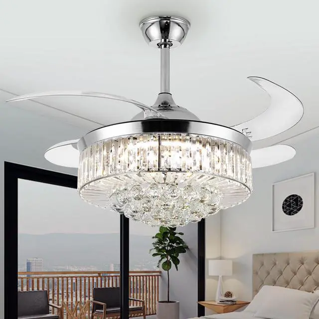 Main image of 42" Crystal Ceiling Fan with Light, Silvery Chandelier Fan with Remote, 6 Speeds 3 Colors Changes 4 Blades Retractable Ceiling Fan for Bedroom, Living Room, Dining Room