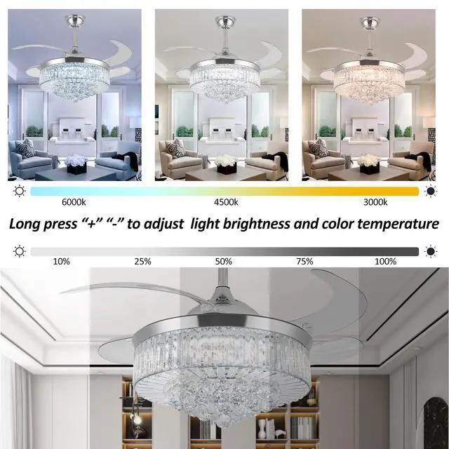 Alt view image 2 of 6 - 42" Crystal Ceiling Fan with Light, Silvery Chandelier Fan with Remote, 6 Speeds 3 Colors Changes 4 Blades Retractable Ceiling Fan for Bedroom, Living Room, Dining Room