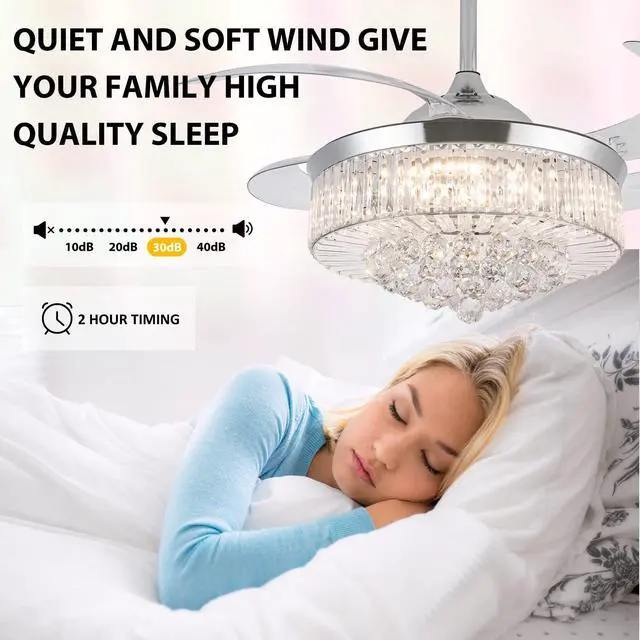 Alt view image 3 of 6 - 42" Crystal Ceiling Fan with Light, Silvery Chandelier Fan with Remote, 6 Speeds 3 Colors Changes 4 Blades Retractable Ceiling Fan for Bedroom, Living Room, Dining Room