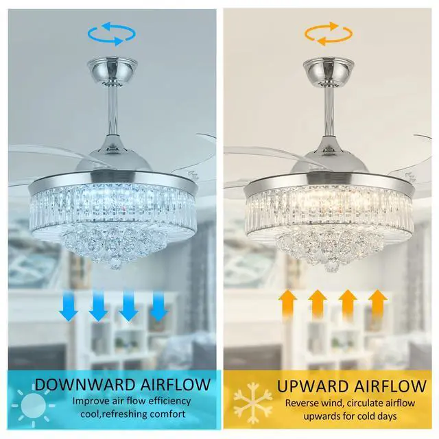 Alt view image 4 of 6 - 42" Crystal Ceiling Fan with Light, Silvery Chandelier Fan with Remote, 6 Speeds 3 Colors Changes 4 Blades Retractable Ceiling Fan for Bedroom, Living Room, Dining Room
