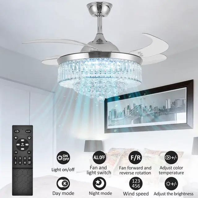 Alt view image 5 of 6 - 42" Crystal Ceiling Fan with Light, Silvery Chandelier Fan with Remote, 6 Speeds 3 Colors Changes 4 Blades Retractable Ceiling Fan for Bedroom, Living Room, Dining Room