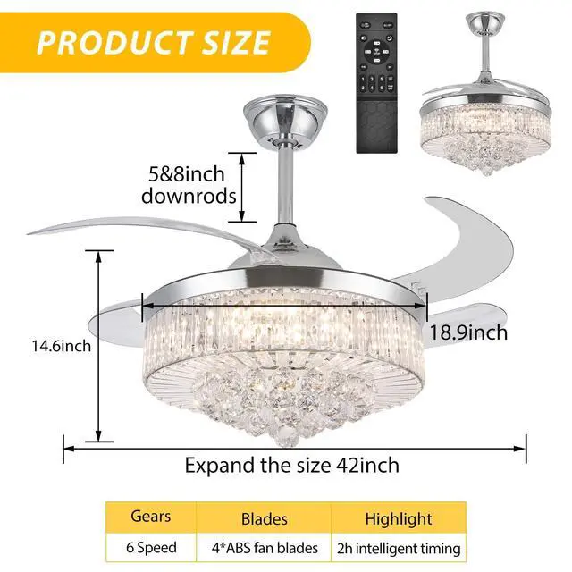 Alt view image 6 of 6 - 42" Crystal Ceiling Fan with Light, Silvery Chandelier Fan with Remote, 6 Speeds 3 Colors Changes 4 Blades Retractable Ceiling Fan for Bedroom, Living Room, Dining Room