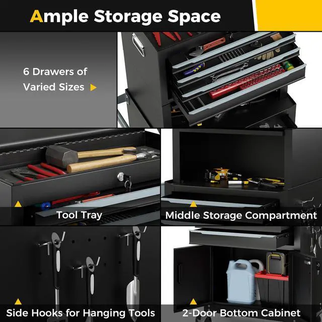 Alt view image 6 of 6 - Tool Chest, 6 Drawers 3-in-1 Extra Large Tool Storage Cabinet with 4 Universal Lockable Wheels, Auto Lock, Protective Liner, Heavy Duty Rolling Tool Box for Garage, Workshop