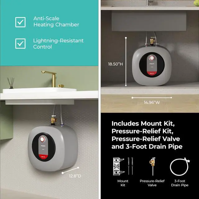 Alt view image 3 of 6 - Electric Mini Tank Water Heater, 4.0 Gallon Point of Use Instant Hot Water Heater 120V 1440W, Food Truck Water Heater, Under Sink, Wall or Floor Mounted, Easy to Install