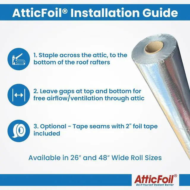 Alt view image 5 of 6 - Original Attic Radiant Barrier - 26 Wide / 1000 sq ft, Tearproof Perforated/Breathable Double-Sided Pure Aluminum Foil Insulation + Free Tape, Blocks 97% Radiant Heat (1000 sq. ft roll)