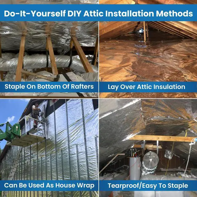 Alt view image 6 of 6 - Original Attic Radiant Barrier - 26 Wide / 1000 sq ft, Tearproof Perforated/Breathable Double-Sided Pure Aluminum Foil Insulation + Free Tape, Blocks 97% Radiant Heat (1000 sq. ft roll)