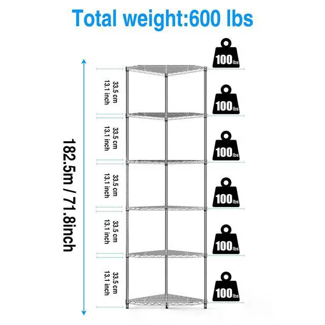 Alt view image 3 of 6 - 6-Tier NSF Metal Corner Shelf Wire Shelving Unit - 600lbs Capacity, Adjustable, with leveling feet & Shelf Liners - Ideal for Garage, Kitchen - 20" L x 20" D x 72" H - Pentagonal-Shape - Chrome