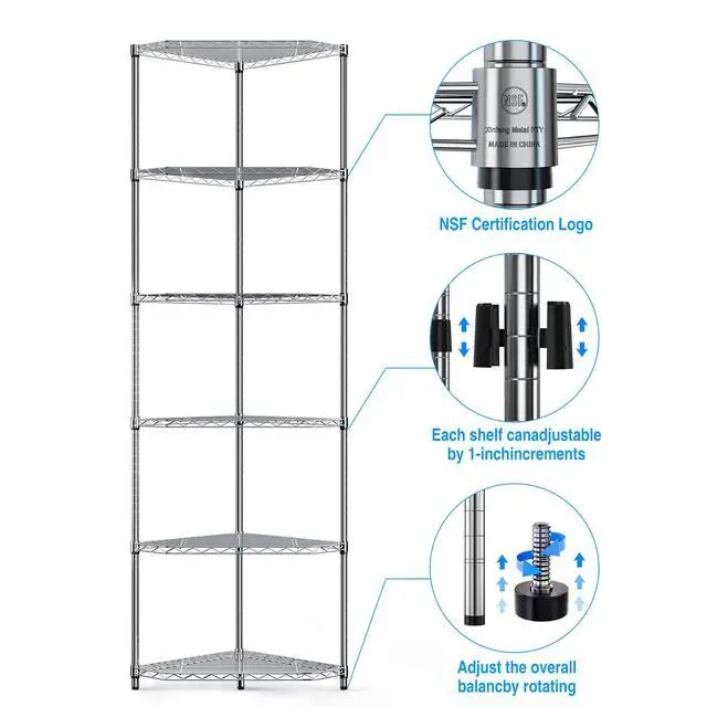 Alt view image 4 of 6 - 6-Tier NSF Metal Corner Shelf Wire Shelving Unit - 600lbs Capacity, Adjustable, with leveling feet & Shelf Liners - Ideal for Garage, Kitchen - 20" L x 20" D x 72" H - Pentagonal-Shape - Chrome