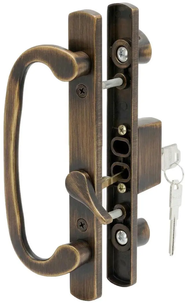 Main image of 8.5" Legacy Sliding Patio Glass Door Offset Latch Antique Brass Handle Set with Keys - Sash Controls 2265 Keyed Lock - Fits 3-15/16" Screw Hole Spacing and 1-1/4" to 2-1/4" Door Thickness