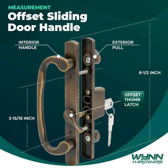 Alt view image 2 of 6 - 8.5" Legacy Sliding Patio Glass Door Offset Latch Antique Brass Handle Set with Keys - Sash Controls 2265 Keyed Lock - Fits 3-15/16" Screw Hole Spacing and 1-1/4" to 2-1/4" Door Thickness