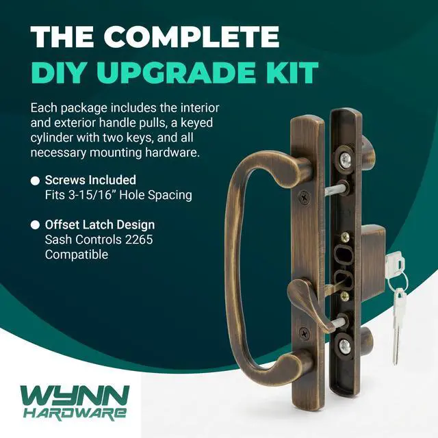 Alt view image 4 of 6 - 8.5" Legacy Sliding Patio Glass Door Offset Latch Antique Brass Handle Set with Keys - Sash Controls 2265 Keyed Lock - Fits 3-15/16" Screw Hole Spacing and 1-1/4" to 2-1/4" Door Thickness