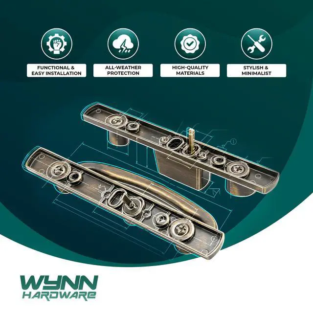 Alt view image 5 of 6 - 8.5" Legacy Sliding Patio Glass Door Offset Latch Antique Brass Handle Set with Keys - Sash Controls 2265 Keyed Lock - Fits 3-15/16" Screw Hole Spacing and 1-1/4" to 2-1/4" Door Thickness