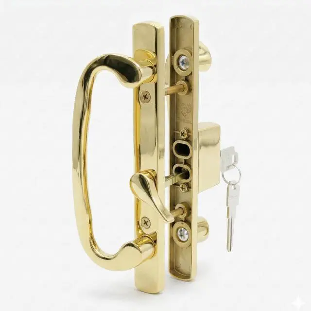 Main image of 8.5" Legacy Sliding Patio Glass Door Offset Latch Gold Handle Set with Keys - Sash Controls 2265 Keyed Lock - Fits 3-15/16" Screw Hole Spacing and 1-1/4" to 2-1/4" Door Thickness