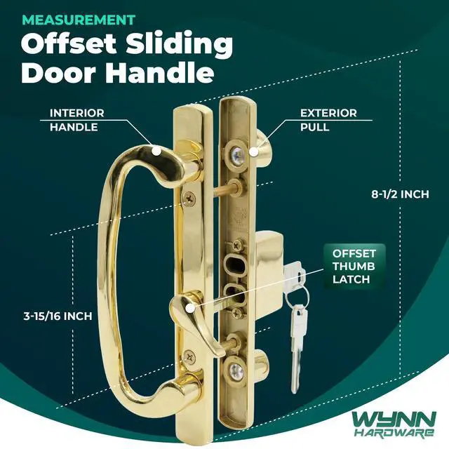 Alt view image 2 of 6 - 8.5" Legacy Sliding Patio Glass Door Offset Latch Gold Handle Set with Keys - Sash Controls 2265 Keyed Lock - Fits 3-15/16" Screw Hole Spacing and 1-1/4" to 2-1/4" Door Thickness