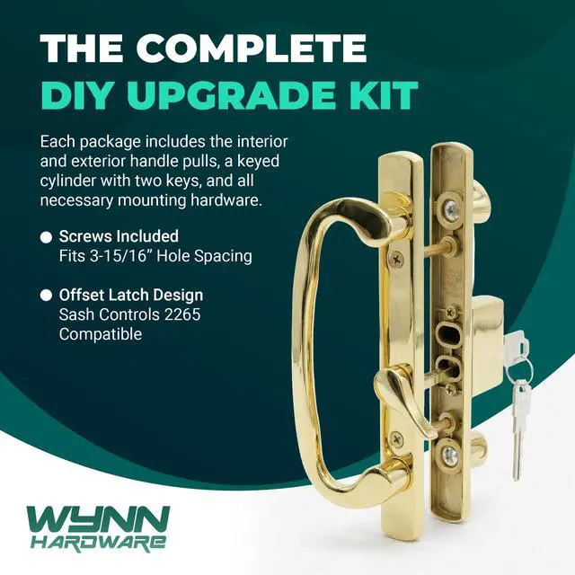 Alt view image 4 of 6 - 8.5" Legacy Sliding Patio Glass Door Offset Latch Gold Handle Set with Keys - Sash Controls 2265 Keyed Lock - Fits 3-15/16" Screw Hole Spacing and 1-1/4" to 2-1/4" Door Thickness