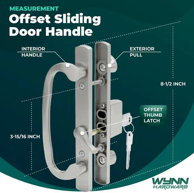 Alt view image 2 of 6 - 8.5" Legacy Sliding Patio Glass Door Offset Latch Brushed Chrome Handle Set with Keys - Sash Controls 2265 Keyed Lock - Fits 3-15/16" Screw Hole Spacing and 1-1/4" to 2-1/4" Door Thickness