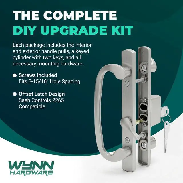 Alt view image 4 of 6 - 8.5" Legacy Sliding Patio Glass Door Offset Latch Brushed Chrome Handle Set with Keys - Sash Controls 2265 Keyed Lock - Fits 3-15/16" Screw Hole Spacing and 1-1/4" to 2-1/4" Door Thickness