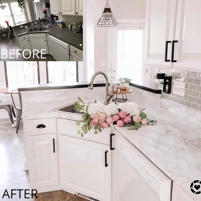 Alt view image 4 of 6 - Kitchen White Marble Countertop Backsplash Update Peel and Stick Vinyl Wrap 36" x 180" Waterproof Self Adhesive Contact Paper Overlay Formica Laminate Removable Wallpaper 15ft