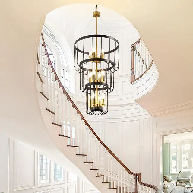 Alt view image 2 of 6 - Classic Yet Modern 18 Inch Black and Gold Chandelier - 12 Light Lantern Tiered Pendant Light Fixtures, Stylish Modern Foyer Lighting Fixtures Perfect Fit for High Ceilings & Staircase!