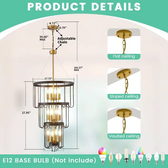 Alt view image 3 of 6 - Classic Yet Modern 18 Inch Black and Gold Chandelier - 12 Light Lantern Tiered Pendant Light Fixtures, Stylish Modern Foyer Lighting Fixtures Perfect Fit for High Ceilings & Staircase!