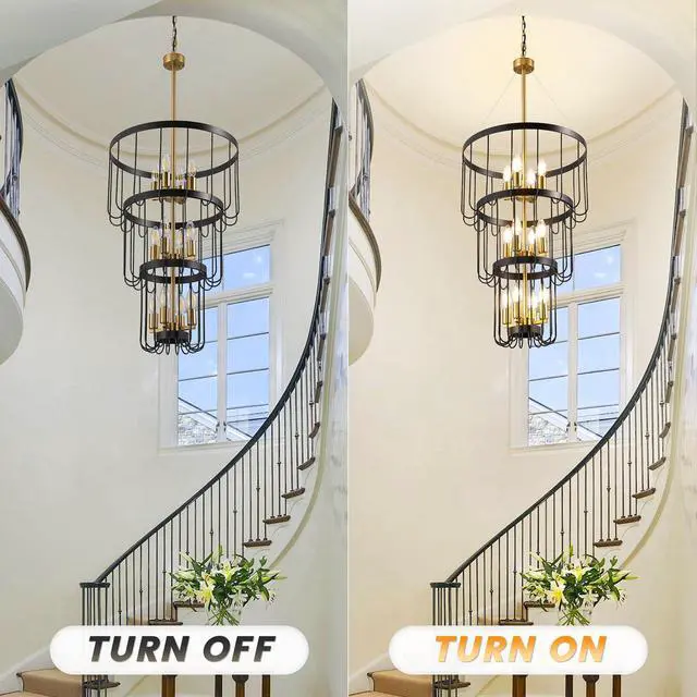 Alt view image 5 of 6 - Classic Yet Modern 18 Inch Black and Gold Chandelier - 12 Light Lantern Tiered Pendant Light Fixtures, Stylish Modern Foyer Lighting Fixtures Perfect Fit for High Ceilings & Staircase!