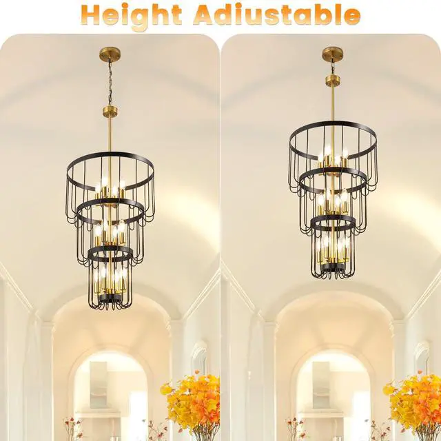 Alt view image 6 of 6 - Classic Yet Modern 18 Inch Black and Gold Chandelier - 12 Light Lantern Tiered Pendant Light Fixtures, Stylish Modern Foyer Lighting Fixtures Perfect Fit for High Ceilings & Staircase!