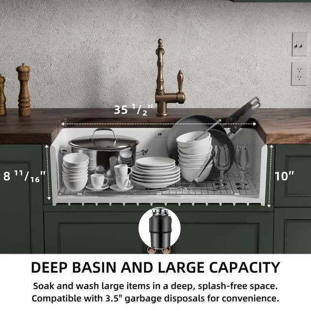 Alt view image 3 of 6 - 36 Inch White Rectangle Kitchen Sink, Apron Front Farmhouse Sink, 36"W×18"D Extra Large Country Sinks For Kitchens With Custom Bottom Grid And Strainer Drain