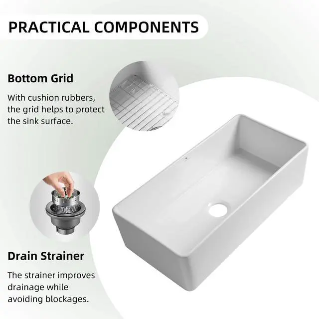 Alt view image 4 of 6 - 36 Inch White Rectangle Kitchen Sink, Apron Front Farmhouse Sink, 36"W×18"D Extra Large Country Sinks For Kitchens With Custom Bottom Grid And Strainer Drain