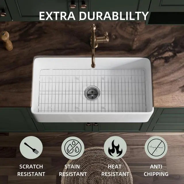 Alt view image 5 of 6 - 36 Inch White Rectangle Kitchen Sink, Apron Front Farmhouse Sink, 36"W×18"D Extra Large Country Sinks For Kitchens With Custom Bottom Grid And Strainer Drain