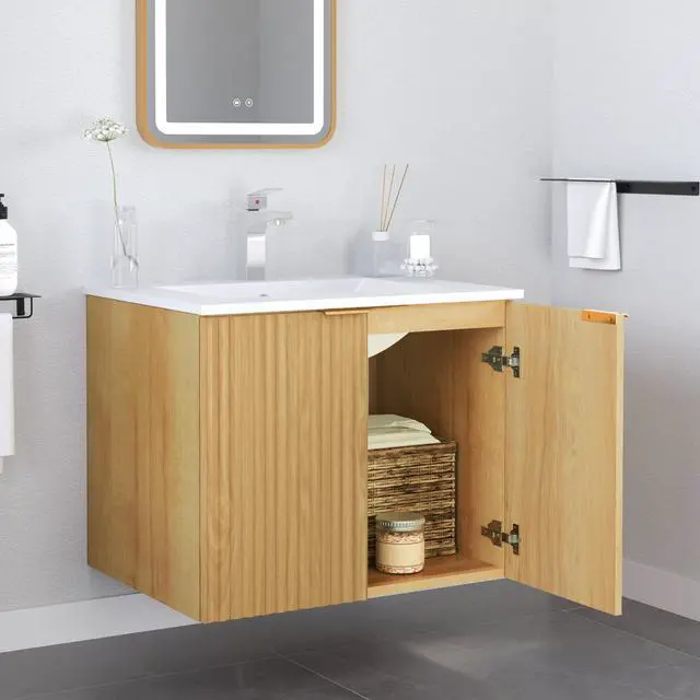 Alt view image 2 of 5 - Modern Bathroom Vanity Without Sink, Floating Wall Mount Cabinet with Wavy Textured Doors, Waterproof Storage for Small Bathroom, Soft-Close Design, Nature Wood (Nature Without Sink, 24")