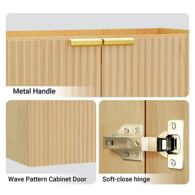 Alt view image 4 of 5 - Modern Bathroom Vanity Without Sink, Floating Wall Mount Cabinet with Wavy Textured Doors, Waterproof Storage for Small Bathroom, Soft-Close Design, Nature Wood (Nature Without Sink, 24")