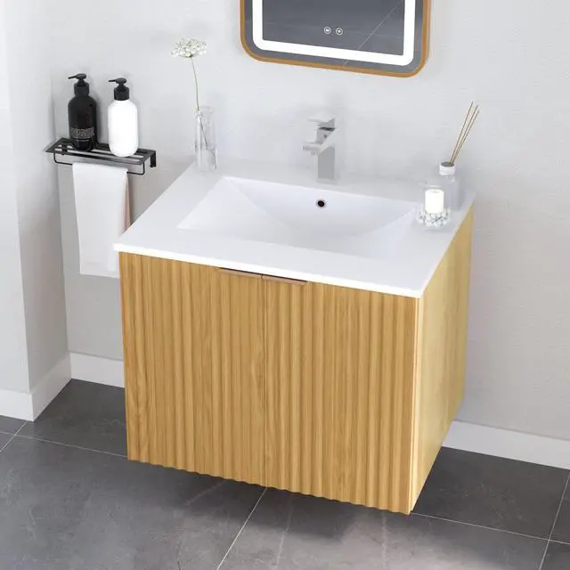 Alt view image 5 of 5 - Modern Bathroom Vanity Without Sink, Floating Wall Mount Cabinet with Wavy Textured Doors, Waterproof Storage for Small Bathroom, Soft-Close Design, Nature Wood (Nature Without Sink, 24")