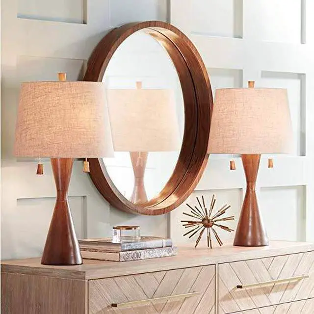 Main image of Omar Mid Century Modern Chic Style Table Lamps 28.75" Tall Set of 2 Warm Brown Wood Oatmeal Tapered Drum Shade Decor for Living Room Bedroom House Bedside Nightstand Home