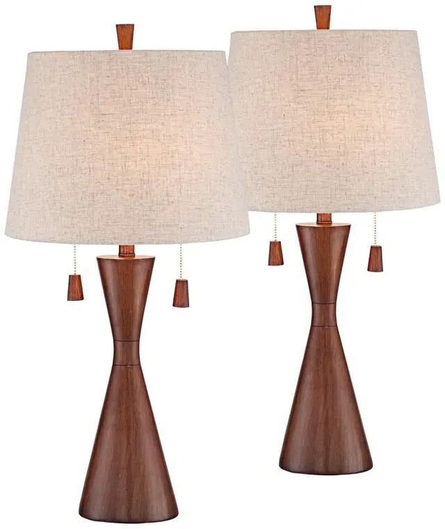 Alt view image 2 of 6 - Omar Mid Century Modern Chic Style Table Lamps 28.75" Tall Set of 2 Warm Brown Wood Oatmeal Tapered Drum Shade Decor for Living Room Bedroom House Bedside Nightstand Home