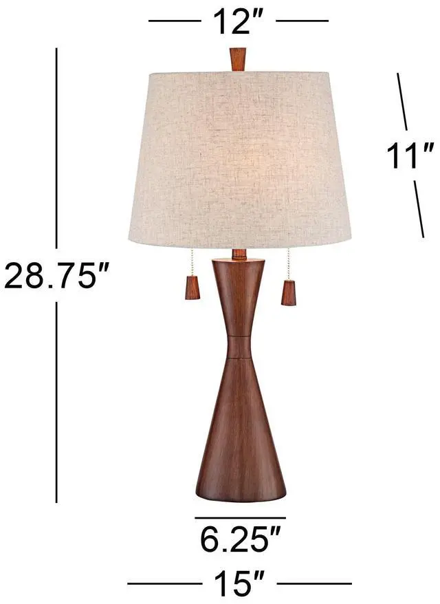 Alt view image 5 of 6 - Omar Mid Century Modern Chic Style Table Lamps 28.75" Tall Set of 2 Warm Brown Wood Oatmeal Tapered Drum Shade Decor for Living Room Bedroom House Bedside Nightstand Home
