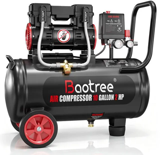 Main image of 10 Gallon Ultra Quiet Air Compressor with Two Quick Couplers, 2HP MAX 115PSI Oil-Free Air Compressor Steel Tanks, 70dB Air Compressor with Wheels for Spray Painting, Auto Repair, Woodwork Nailing