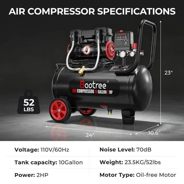 Alt view image 5 of 6 - 10 Gallon Ultra Quiet Air Compressor with Two Quick Couplers, 2HP MAX 115PSI Oil-Free Air Compressor Steel Tanks, 70dB Air Compressor with Wheels for Spray Painting, Auto Repair, Woodwork Nailing