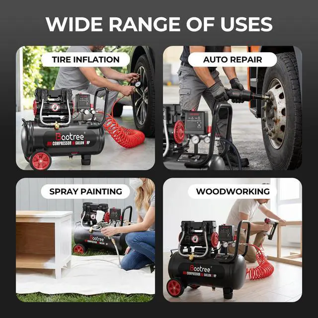 Alt view image 6 of 6 - 10 Gallon Ultra Quiet Air Compressor with Two Quick Couplers, 2HP MAX 115PSI Oil-Free Air Compressor Steel Tanks, 70dB Air Compressor with Wheels for Spray Painting, Auto Repair, Woodwork Nailing