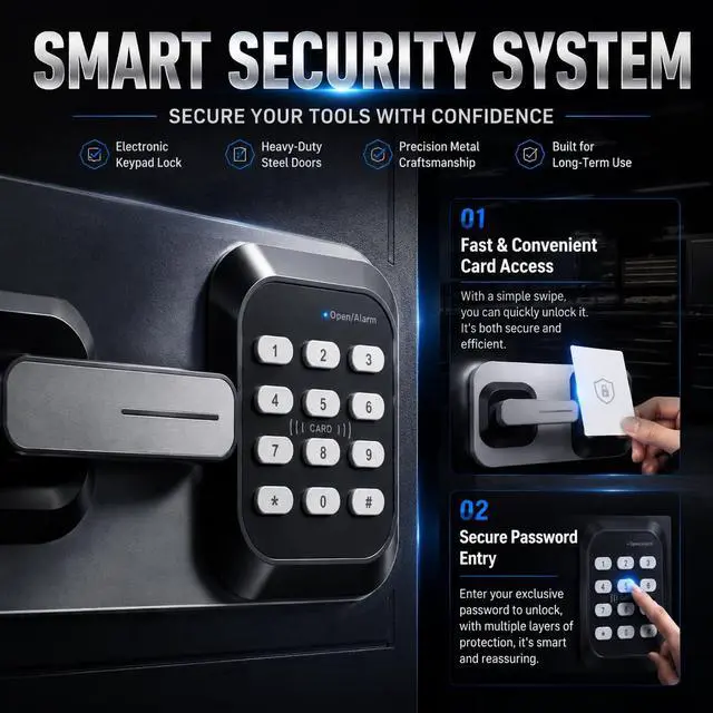 Alt view image 3 of 6 - Metal Storage Cabinet Safe with Digital Keypad & Dual Alarm | Secure Rifle Storage Cabinet with Adjustable Shelves & Removable Pegboards for Garage Cabinet & Home Cabinet